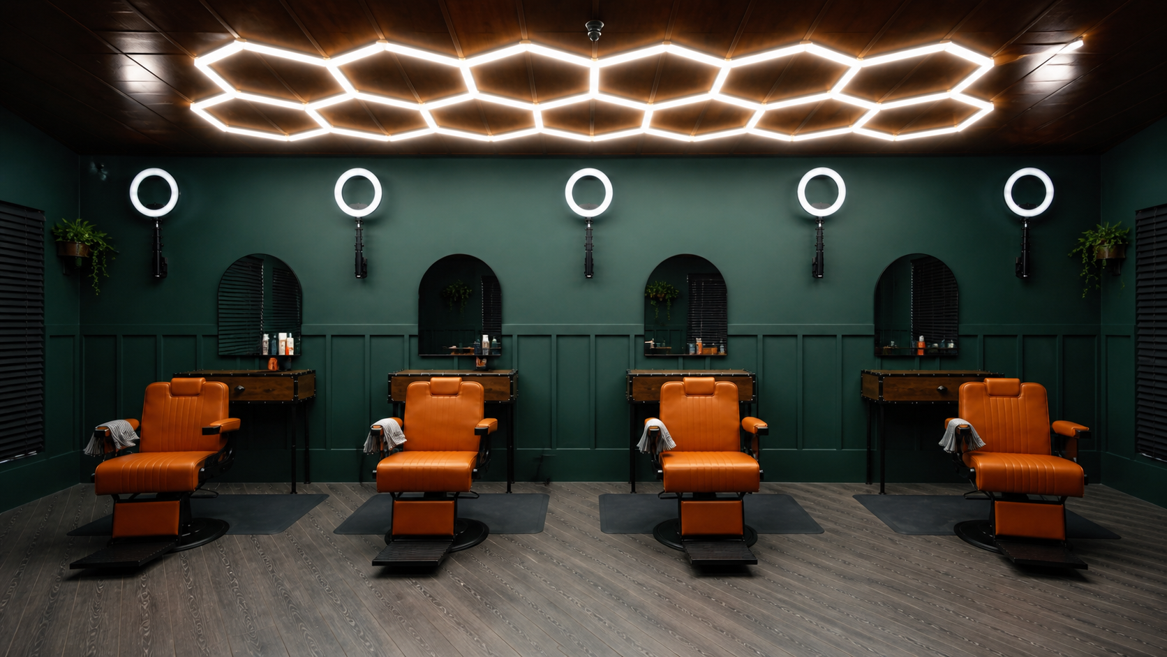 Inside JM Barber Co. barbershop in Lake Park, FL JM Barber Co. barbershop interior with orange barber chairs in Lake Park, Florida