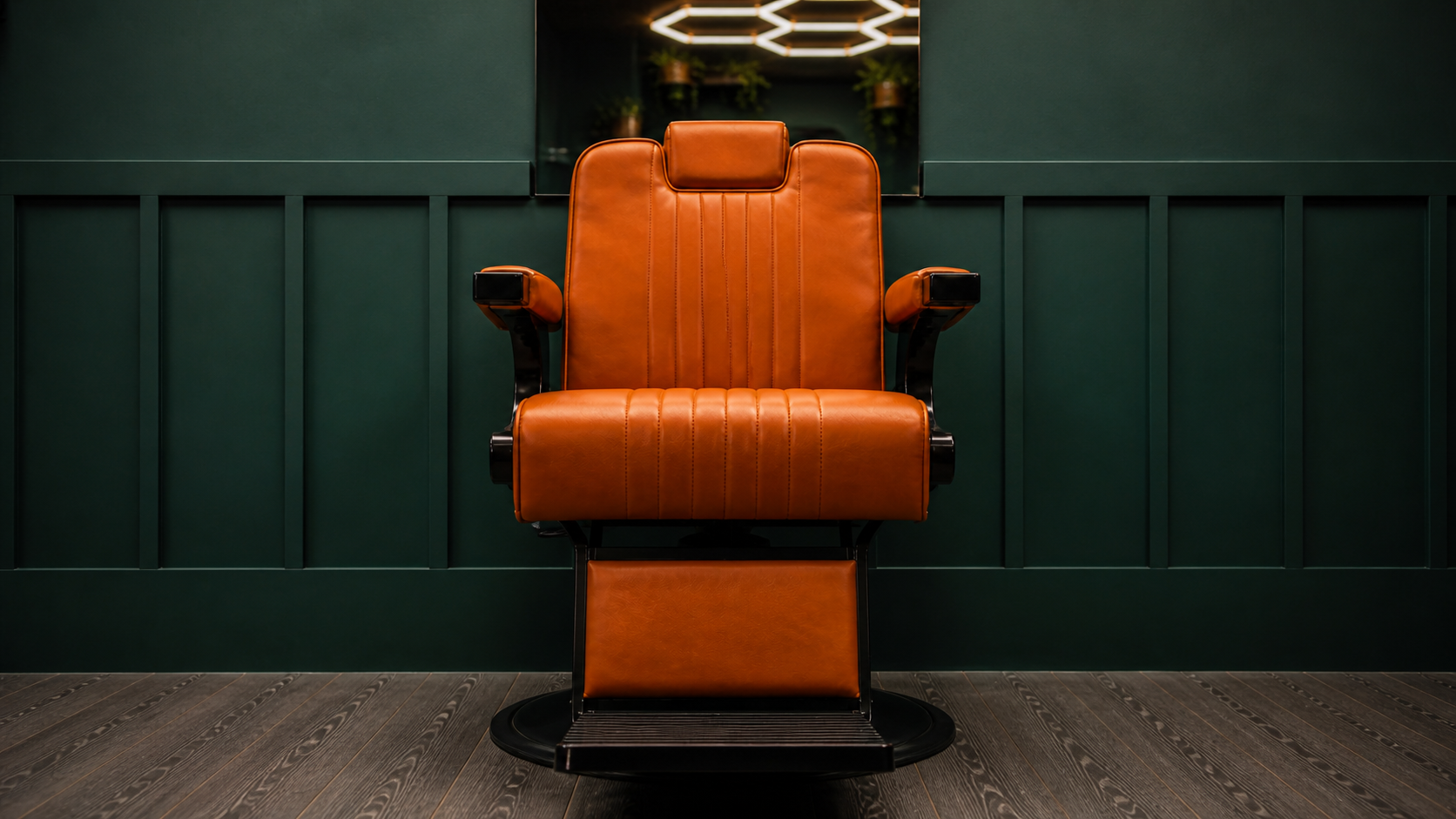 Mirror station at JM Barber Co., Lake Park, FL Barber chair facing the mirror station at JM Barber Co. in Lake Park, Florida