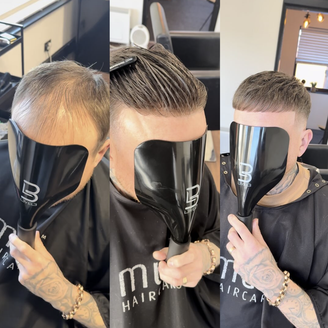 Hair units in Lake Park, FL — fitting and styling example, JM Barber Co. Men's hair unit fitting and styling sequence example — JM Barber Co., Lake Park, FL